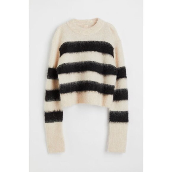 H&M Sweaters - H&M White Black Striped Mohair Wool Blend Knit Crew Neck Sweater, Size M